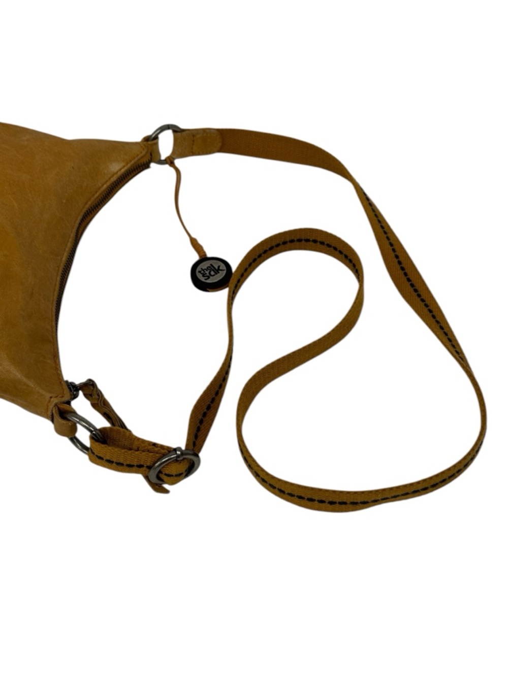 The Sak Camel Brown Leather Peace Sign Design Crossbody Studded Purse Bag 11x11 - Picture 14 of 16